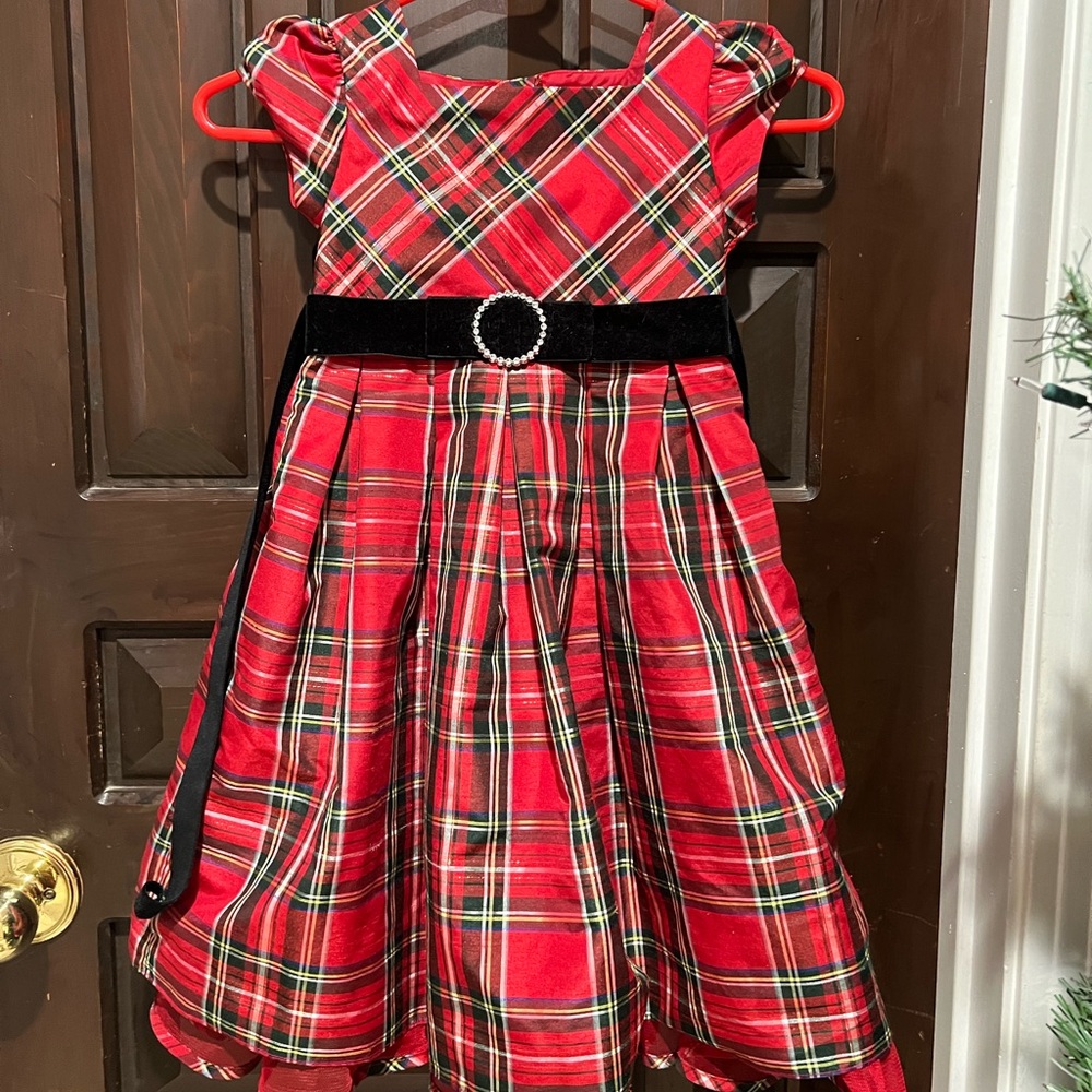 Youngland Red Holiday Plaid Christmas Dress 5 Girls Black Velvet Bow